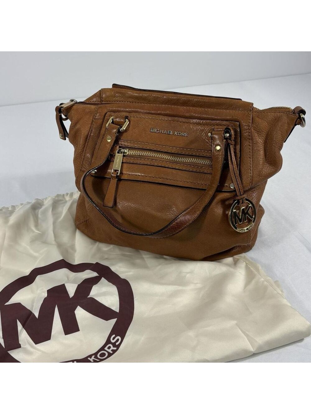 Michael Kors Gilmore Luggage Medium Brown Leather Zippered Tote
